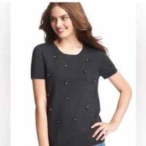 Ann Taylor Loft GrayJeweled Cotton Blend Rounded Neck Back Button Sweater Sz MP